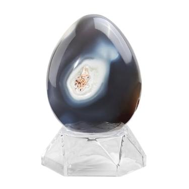 Imagem de Rockcloud Esfera de ovo de pedra de ágata orca natural com suporte de acrílico Estatueta de esfera de cristal Reiki polido para bênção de Páscoa e decoração de casa, 2 a 0,3 kg