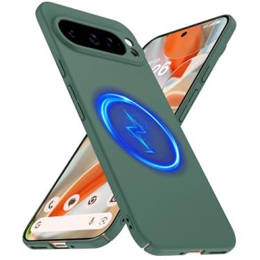 Imagem de GRECAZO Capa fina magnética adequada para Google Pixel 9 Pro XL [compatível com Magsafe] Capa rígida ultrafina leve durável minimalista fosca à prova de choque anel antiderrapante verde escuro