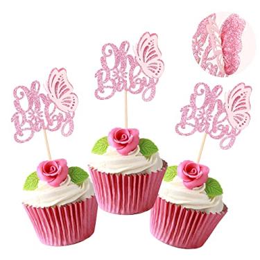 Imagem de Gyufise 36Pcs Pink Glitter Butterfly Oh Baby Cupcake Toppers 3D Butterfly Baby Shower Cake Pick Decorations for Butterfly Theme Baby Shower Kids Boys Girls Birthday Party Supplies