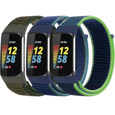 Imagem de QIEMUTER Pacote com 3 pulseiras de relógio de nylon compatíveis com Fitbit Charge 6/Fitbit Charge 5, pulseiras trançadas ajustáveis, pulseira elástica macia e respirável para Charge 6/Charge 5