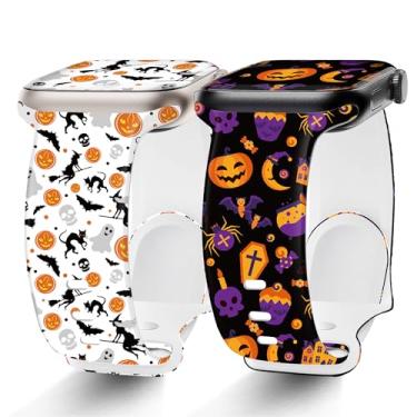 Imagem de G-ficu Pacote com 2 pulseiras de Halloween compatíveis com Apple Watch SE séries 9, 8, 7, 6, 5, 4, 3, 2 e 1 de 41 mm, 40 mm, 38 mm, para mulheres e homens, pulseiras esportivas de silicone macio para férias e abóbora fantasma - B
