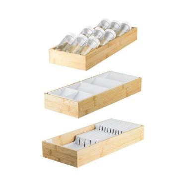 Imagem de Kit Organizador De Gaveta Com 01 Porta Temperos + 01 Organizador Talheres + 01 Organizador De Facas Em Bambu Ou