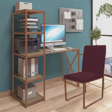 Imagem de Kit Escritório Mesa Max BeX 5 Prateleiras e Cadeira Stan Bronze Tampo Imbuia Suede Bordô - Ahz Móveis