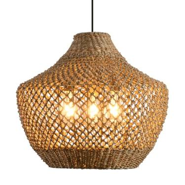 Imagem de Teru Ji Kaikang Luminárias Pendentes De Vime, Luminária Pendente De Vime Estilo Boho De 18,9", Lustre De 3 Luzes De Junco Marinho Trançado À Mão Para Sala De Jantar, Sala De Estar, Quarto, Cozinha,