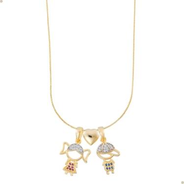 Imagem de Colar de Filhos filha casal Pingente Menino ou Menina Banhado Ouro 18K Corrente com Coração Pingentes Exclusivo e Elegante e Antialergico