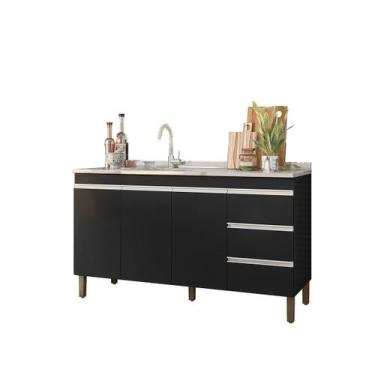 Imagem de Balcão Para Pia Cozinha 147 CM Preto Fosco 3 Portas 3 Gavetas Karen Pe