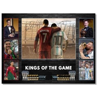 Imagem de Pôster autografado Superstar Messi e Cristiano Ronaldo para decoração de parede de quarto de fãs de crianças - Cartazes de futebol americano em tela para presentes de aniversário de meninos