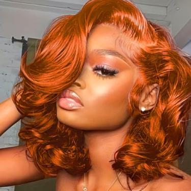 Imagem de A FUTURE TONGMEI Peruca Frontal De Renda 350 Ruiva Laranja, Cabelo Humano Pré-Depilado, 13X4, Transparente, Hd Com Ondas Baby Body, Bob Para Mulheres Negras, Densidade 180%, 16"