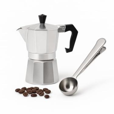 Imagem de Kit Cafeteira Italiana Moka Alumínio 300ml com Colher Medidora Inox com Prendedor Ideal para Café Encorpado Preparo no Fogão Cozinha Prática Viagem ou Presente Criativo