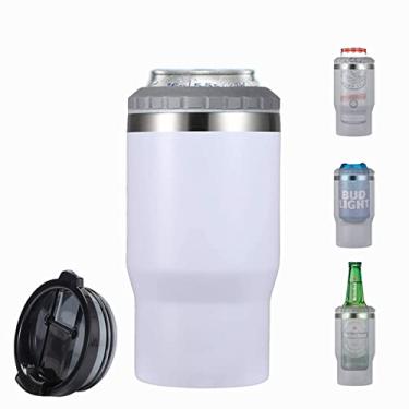 Imagem de FAMKX Isolador Térmico Para Garrafas De Cerveja, 4 Em 1, Aço Inoxidável, 14 Oz, Com 2 Tampas Latas E 12 Parede Dupla, Suporte Canecas Viagem, Mantendo Sua Bebida Gelada (Branco)