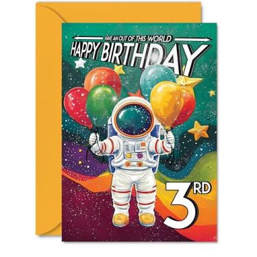 Imagem de Stuff4 Cartão de aniversário de 3º aniversário menino - traje espacial astronauta - Cartão de aniversário do espaço sideral para meninas de 3 anos, cartões para meninos e meninas de 3 anos, saudação