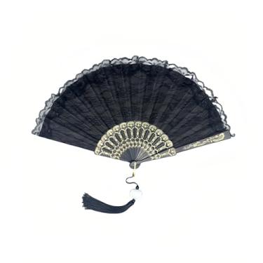 Imagem de Chinshwehaw Leque vintage de renda da década de 1920, leque de mão bordado floral dobrável com glitter dourado e borlas - presente de festa de chá de dança de casamento para mulheres, mãe, noiva