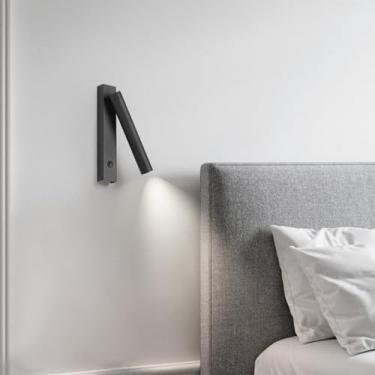 Imagem de GZZBMY Lâmpada de parede LED para leitura com interruptor, iluminação de parede giratória, ângulo ajustável, arandela de parede interna de alumínio, quarto, sala de estar, cozinha, leitura (luz preta