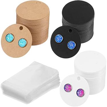Imagem de Kit de cartões de exibição de brincos de joias com 600 peças, 300 peças de cartões redondos de papelão com 300 peças de sacos autoselantes, 3 cores em branco, etiquetas de exibição de brincos e brincos