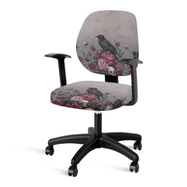 Imagem de Cadowhimsy Capa para cadeira de escritório com estampa de crânio rosa de corvo preto, 2 peças, capa giratória removível para cadeira de computador para encosto e assento almofadado, protetor de