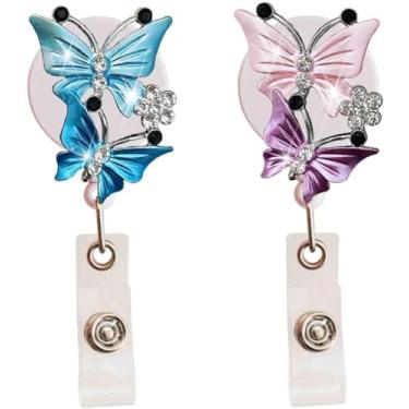 Imagem de Pacote com 2 carretéis retráteis de crachá de identificação de borboleta rosa azul brilhante com clipe, cordão retrátil de 61 cm, porta-cartões de nome para trabalhadoras de escritório, médicas