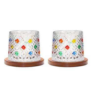 Imagem de Copo giratório de vidro antiquado, conjunto de 2 copos de uísque de cristal de 275 ml/283.5 g, porta-copos de madeira, espessamento, usado como copo de rum, coquetel, café, copo de leite para relaxar