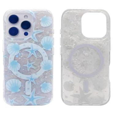 Imagem de Capa magnética compatível com iPhone 16 Pro 6,3 polegadas 2024 para carregamento MagSafe TPU macio bumper fina à prova de choque capa fofa (concha pérola estrela-do-mar)