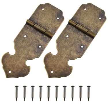 Imagem de Dsjnf Dobradiças decorativas de porta 85 x 30 x 8 mm com pregos de cobre, dobradiças de caixa de madeira, adequadas para móveis, armários de joias, ferragens decorativas, cor bronze, 2 peças