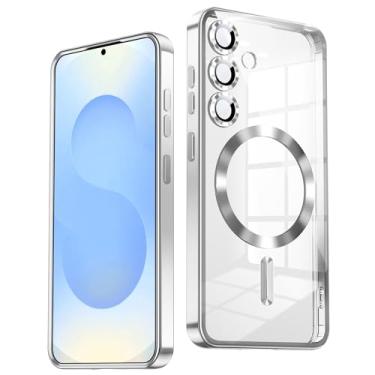 Imagem de TOBOVON Capa fina para Samsung Galaxy S25 Plus, compatível com MagSafe, protetor de lente de câmera integrado, capa protetora à prova de choque, capa transparente galvanizada macia, prata
