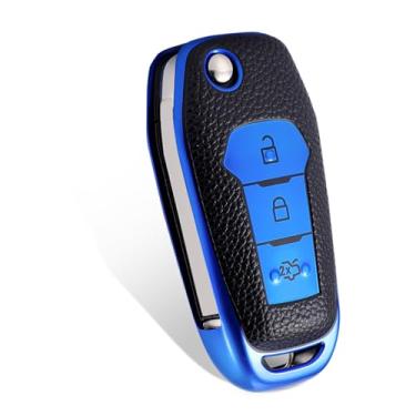 Imagem de WORCAS Capa de couro com 3 botões para chaveiro compatível com Ford Maverick F-150/250/350/450/50 Super Duty Lightning Ranger Bronco Expedition Escape Explorer Fusion EcoSport F-650/750 (azul)