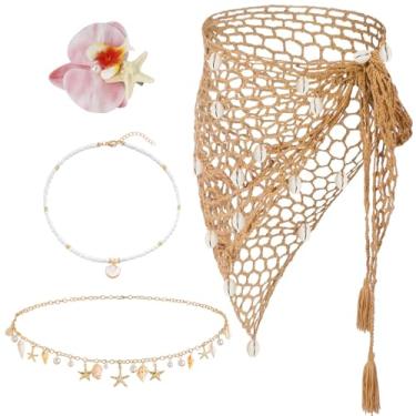 Imagem de Conjunto de 4 conjuntos de traje de banho de sereia com saia de crochê à mão com corrente de cintura de estrela do mar, colar de flores e presilhas de cabelo para mulheres verão praia xaile capelet