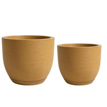 Imagem de Jogo de 2 vasos para plantas e flores redondos em polietileno jateado de 20 e 30 litros com prato coletor (Bege)