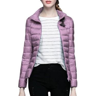 Imagem de Jaquetas Compactáveis Para Mulheres Inverno, Jaquetas Acolchoadas Jaquetas Femininas De Cor Sólida Com Colarinho Fino Ultra Sem Chapéu E Bolsa De Armazenamento, Purple, 3XL