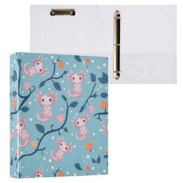 Imagem de Fichário de anel redondo com axolote rosa fofo de 3 cm, planta aquática, azul anfíbio, 3 anéis, para escritório, escola, material de trabalho, pasta de arquivos, capacidade para 200 folhas