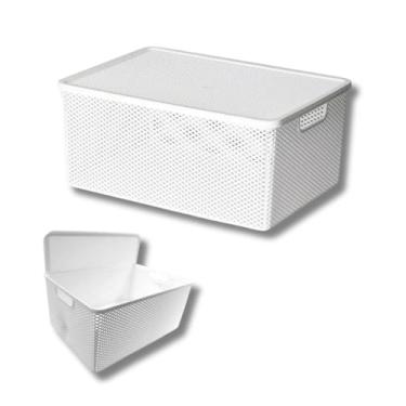 Imagem de Caixa Organizadora Grande Vazada com Tampa Plástico Resistente Multiuso Para Armário Cozinha Lavanderia Escritório Banheiro Dispensa 36x26x16 Cor Branca