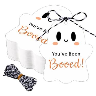Imagem de Etiquetas de Halloween com cordão 80 peças de sacolas de presente de Halloween para crianças You've Been Booed Etiquetas de papel Happy Halloween Candy Bag Name Tag Summerween Decorações