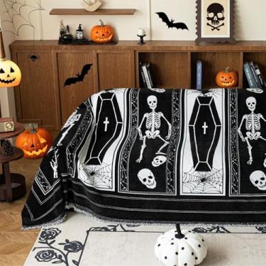 Imagem de Cobertor de sofá de Halloween, capa de sofá de caveira para sofá de 3 almofadas, toalha de sofá preta para sala de estar, protetor de móveis para animais de estimação, crianças - 180 x 299 cm