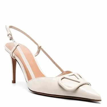 Imagem de CarolieRossi Sandálias femininas de salto alto, fivela V, fechada, bico fino, salto alto, sem cadarço, costas nuas, para festas de formatura, Branco V, 38