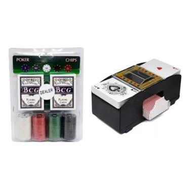 Imagem de Kit Poker 108 Cartas E 100 Fichas + Embaralhador Baralho - Kadê