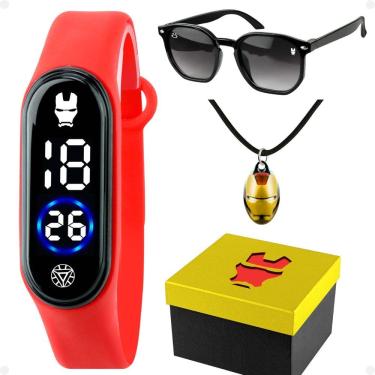 Imagem de relogio digital infantil iron man + oculos + colar + caixa kids vermelho silicone led ajustavel