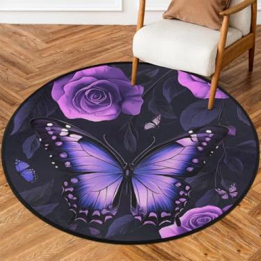 Imagem de Tapete redondo lavável de 1,5 m tapete de borboleta rosa roxa tapete antiderrapante para cadeira tapete ultrafino para quarto, sala de estar, decoração de casa