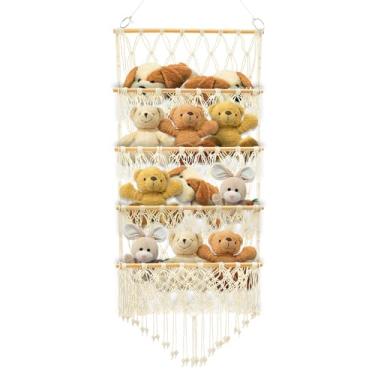 Imagem de ZJRDYYK Rede de rede para animais de pelúcia, suporte para pendurar animais de pelúcia, rede de armazenamento de brinquedos de 4 camadas para parede plana, rede de pendurar na parede para animais de