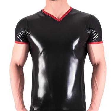 Imagem de Camiseta masculina de látex, borracha de látex, gola V, manga curta, fantasias feitas à mão para festa rave clube temático, Preto e vermelho, P