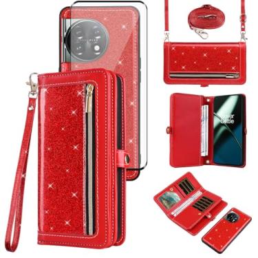 Imagem de Asuwish Capa carteira compatível com OnePlus 11 5G e protetor de tela de vidro temperado, capa flip de couro com glitter, zíper e porta-cartões, capas para celular para One Plus11 1 Plus 1plus11 One+