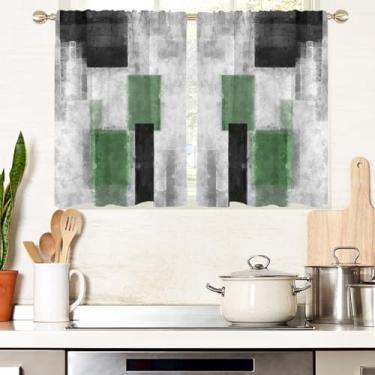 Imagem de AAtter Cortinas de janela verdes e pretas para cozinha cinza prata abstrata geométrica quadrada pequena curta sala de estar quarto banheiro cortinas tratamento camadas tecido 1 par, 69,8 cm L x 99 cm