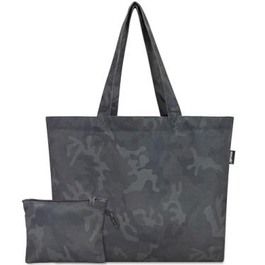 Imagem de HOLYLUCK Bolsa de compras - Bolsa de ombro reutilizável dobrável com uma pequena bolsa removível para mulheres Lady Daily Essentials - camuflagem preta