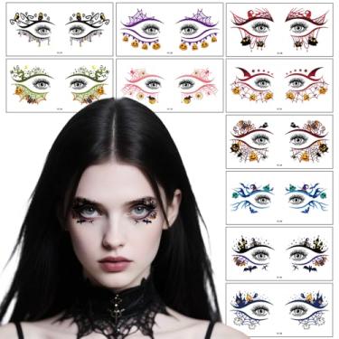 Imagem de 10 peças de tatuagens de olhos de Halloween, tatuagens coloridas de teia de aranha e morcego temporárias, à prova d'água à prova de suor, maquiagem do dia dos mortos, tatuagem temporária de Halloween