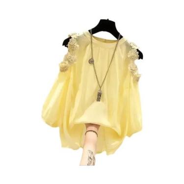 Imagem de Blusa Feminina De Manga Raglan Com Decoração 3D De Flor Amarela, Camis