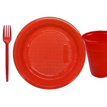 Imagem de Kit 300 Peças Descartáveis para Festa com 100 Copos 200ml + 100 Pratos 15cm + 100 Garfos 12cm | Ideal para Eventos, Aniversários, Churrascos e Refeições Coletivas (Vermelho)