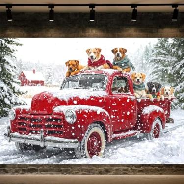 Imagem de Fundo de inverno, caminhão vermelho, floresta nevada, fotografia, fundo, cachorros, fazenda, celeiro, vintage, rústico, decoração, banner, Natal, Natal, feriado, feliz ano novo, 18 x 1,5 m