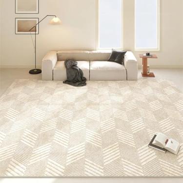 Imagem de Tapetes geométricos bege com linhas creme para sala de estar, decoração minimalista para casa, tapetes confortáveis e macios para quarto (240 x 360 cm (94 x 142 pol.) / YHT119-D)