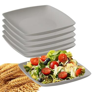 Imagem de Conjunto de 6 pratos quadrados de palha de trigo inquebrável para salada leve e reutilizável para casa e cozinha (cinza, 25,4 cm)