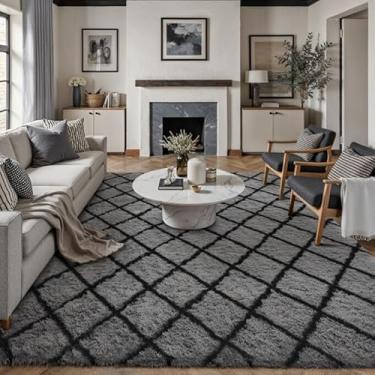 Imagem de PureCozy Tapete quadriculado 20 x 25 cm para sala de estar, preto e branco, moderno, macio, tapete antiderrapante para quarto, sala de jogos, decoração estética de casa