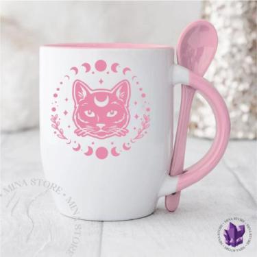 Imagem de Caneca com Colher Gato Místico - Mina Store, Rosa