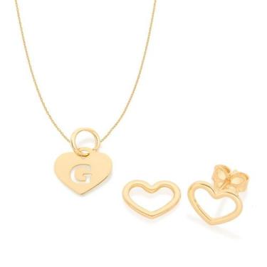 Imagem de Kit Rommanel Brinco Coração Colar 42cm Letra G Pra Presente